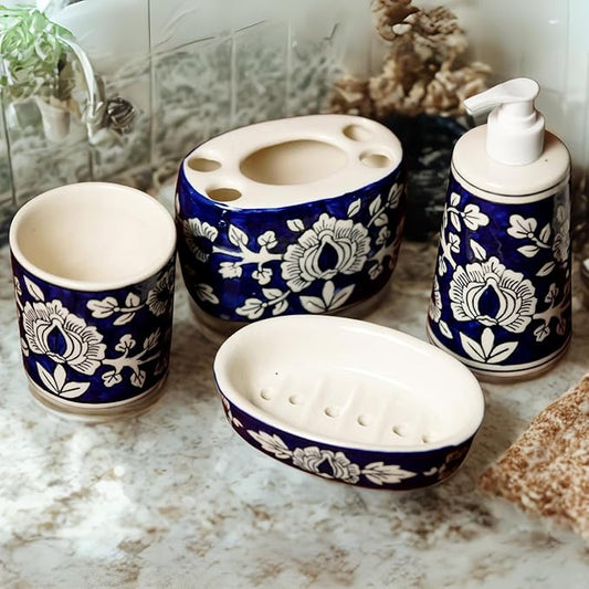 Premium Blue & White Mughal Handcrafted Ceramic Bathroom Set of 4