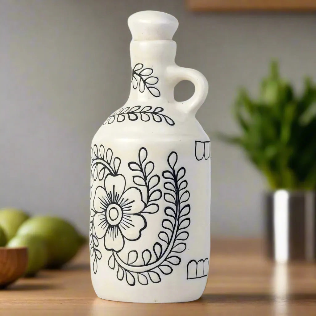 Ceramic Food & Microwave Safe Oil Dispenser with Black Floral Art - 1000 ml