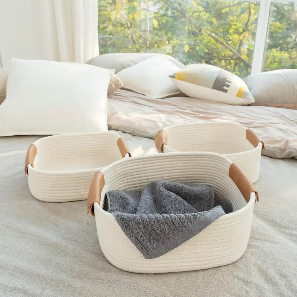 White Cotton Storage Shelf Basket Set with Leather Handles - Multiple Sizes