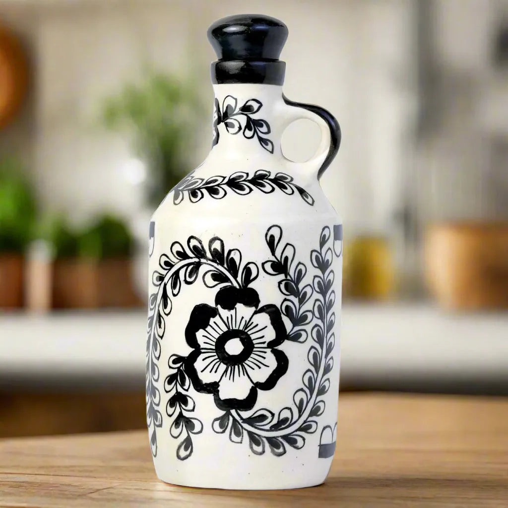 Ceramic Food & Microwave Safe Oil Dispenser with Black Flower Pattern - 1000 ml
