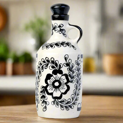 Ceramic Food & Microwave Safe Oil Dispenser with Black Flower Pattern - 1000 ml
