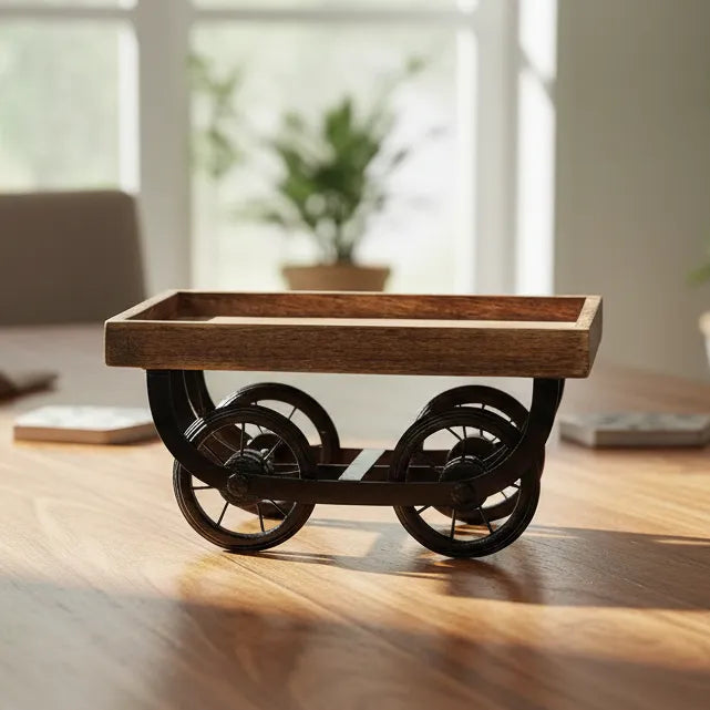 Wooden Cart Style Serving Tray with Metal Wheels