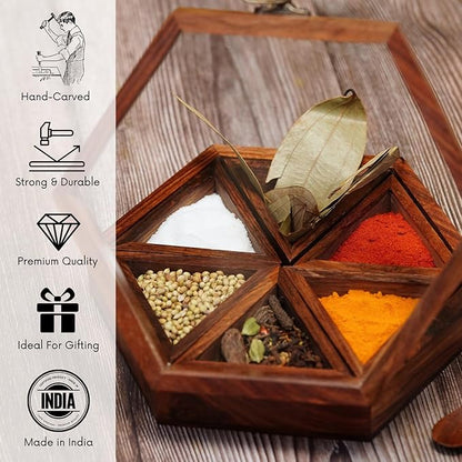 Hexagonal Sheesham Wood Masala Box - 6 Containers & Spoon