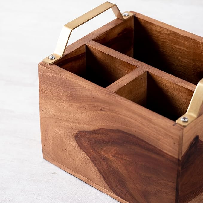 Rustic Charm Acacia Wood Cutlery Holder - Walnut Finish