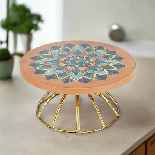 Artistic Mandala Wooden Cake Stand with Gold Finish Base