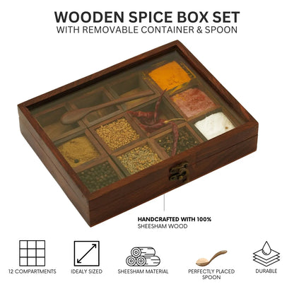 Elegant Sheesham Wooden Masala Box with 12 Spice Containers & Spoon