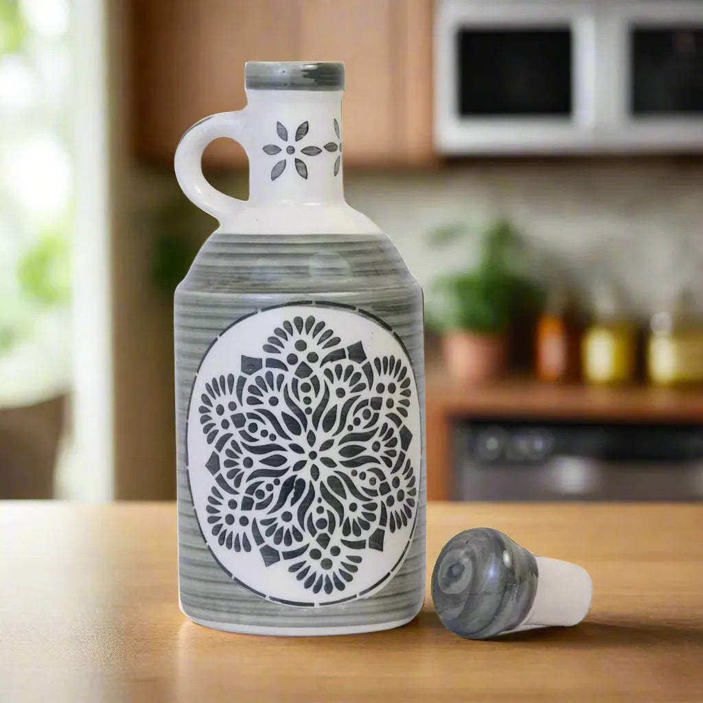 Ceramic Food & Microwave Safe Oil Dispenser with Grey Designer Pattern - 1000 ml