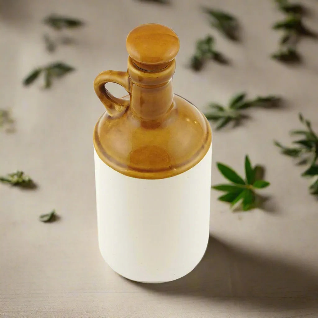 Handglazed White & Brown Ceramic Food & Microwave Safe Oil Dispenser - 1000 ml