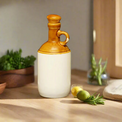 Handglazed White & Brown Ceramic Food & Microwave Safe Oil Dispenser - 1000 ml