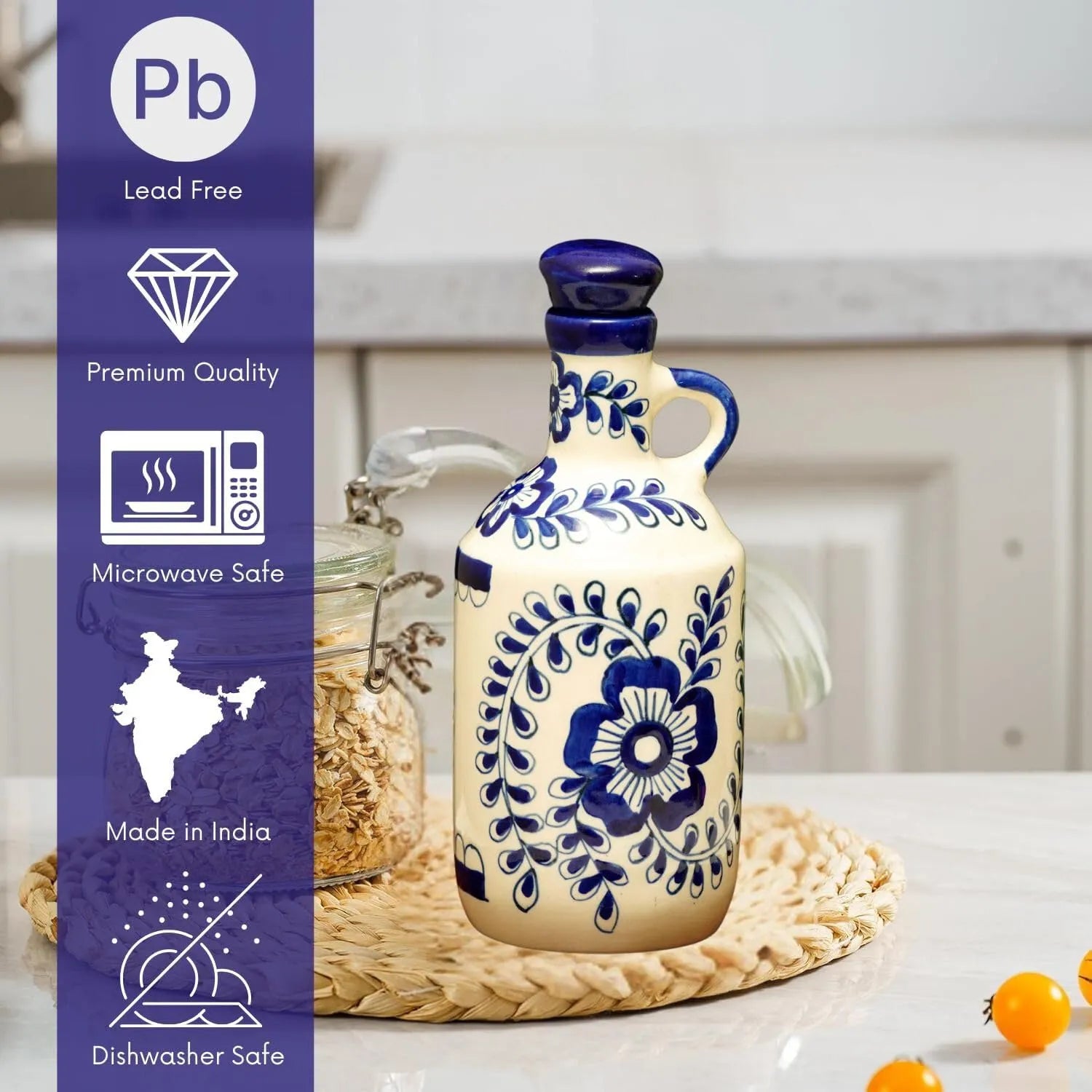 Ceramic bottle with blue floral design on a kitchen counter, with features listed on the left.