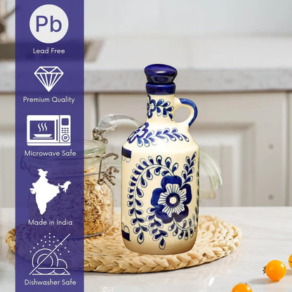 Ceramic bottle with blue floral design on a kitchen counter, with features listed on the left.
