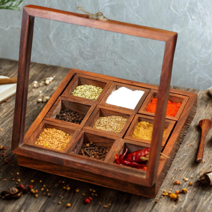 Heritage Sheesham Wood Spice Box with 9 Removable Containers & Spoon