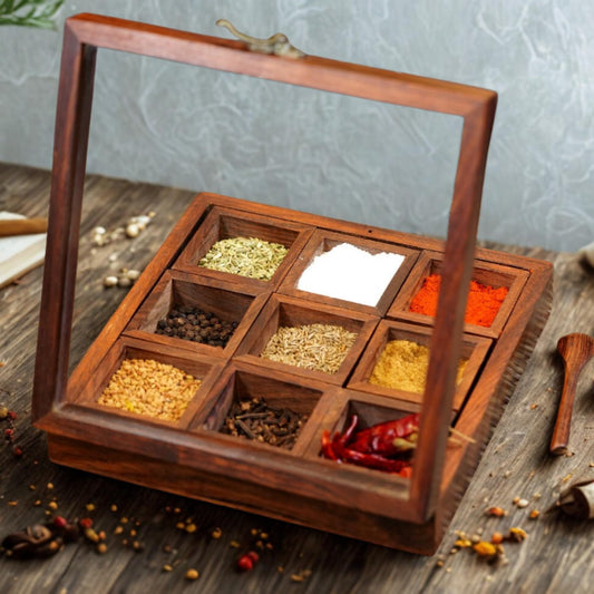 Heritage Sheesham Wood Spice Box with 9 Removable Containers & Spoon