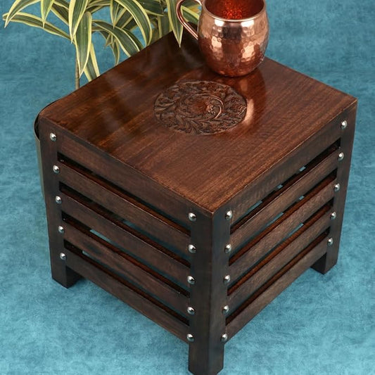Solid Wood Sheesham Slatted Cube Stool & Side Table