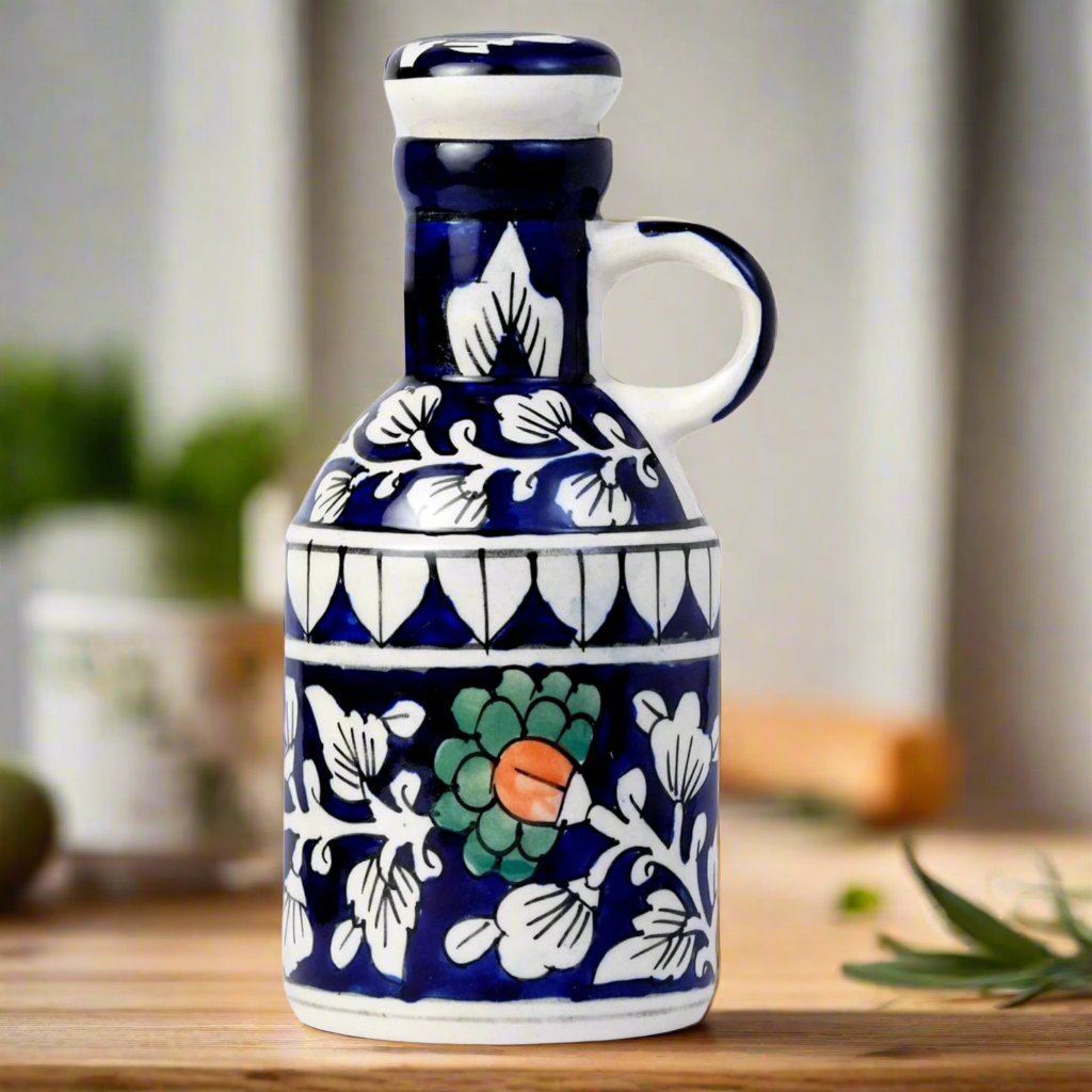 Blue Floral Hand-painted Ceramic Oil Dispenser – 500 ml