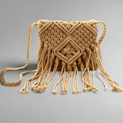 Brown Fringed Cotton Crochet Shoulder Bag - 8 inch x 7 inch