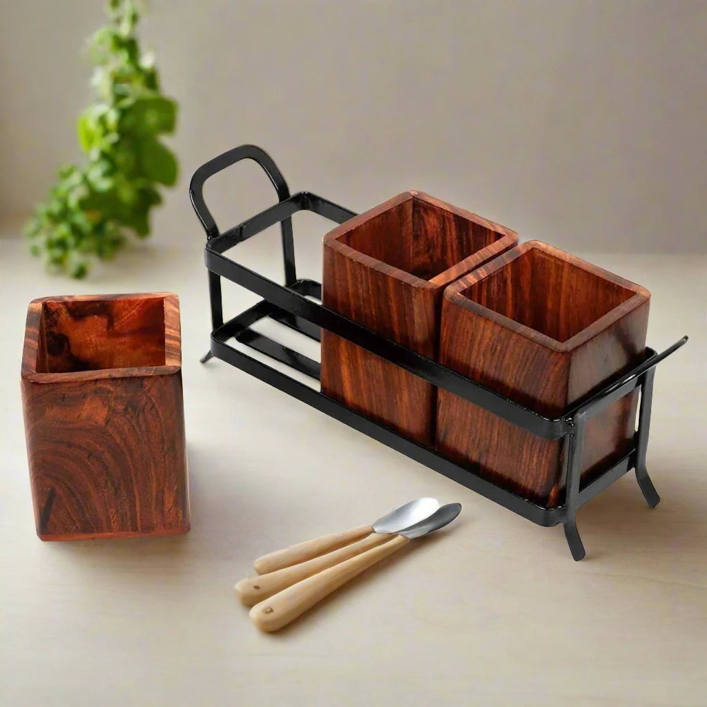 Rustic Wooden Cutlery Holder - 11.5 inch x 5 inch