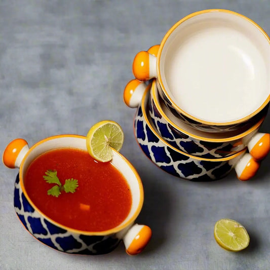 Blue & Yellow Moroccan Ceramic Soup/Serving Bowls with Handles - 300 ml