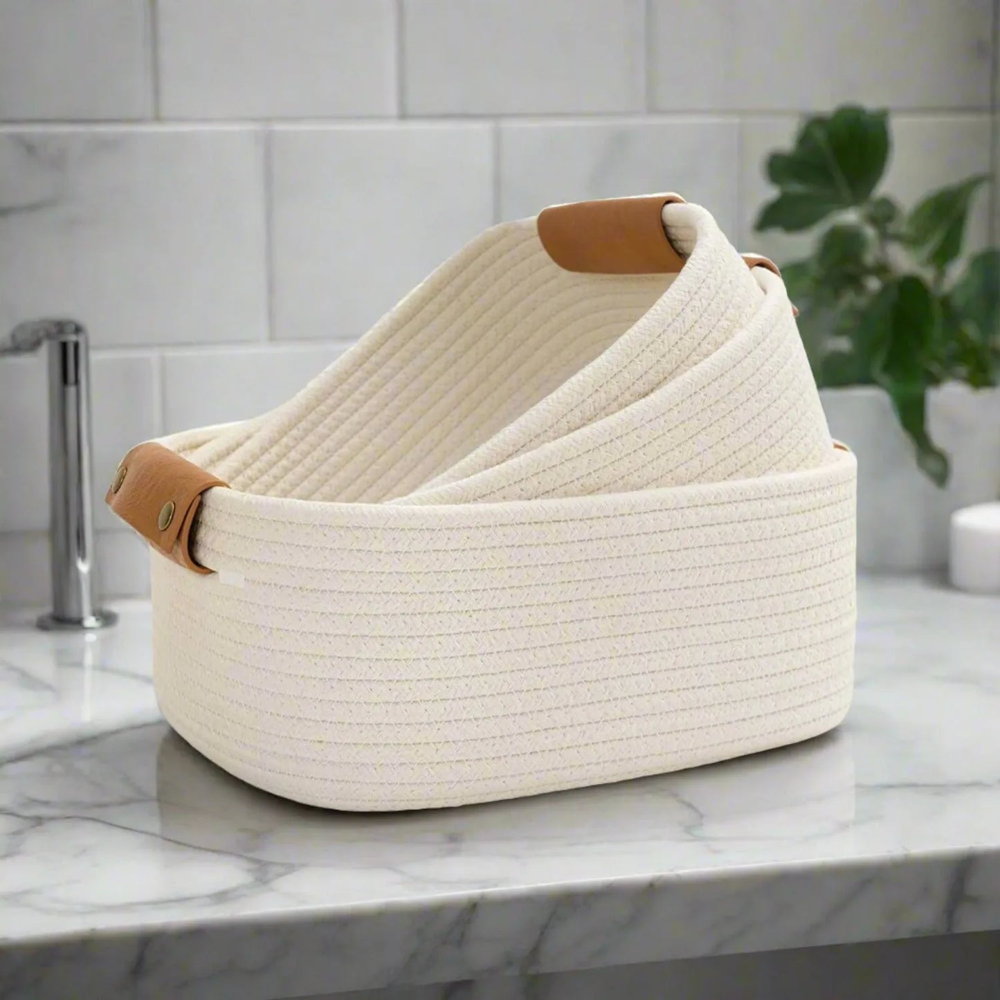 White Cotton Storage Shelf Basket Set with Leather Handles - Multiple Sizes