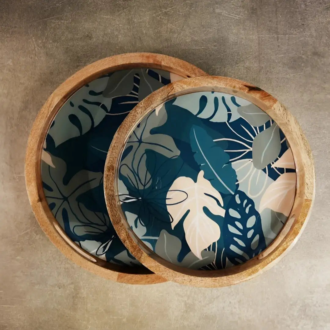 Elegant Wooden Navy Tropical Leaf Pattern Serveware