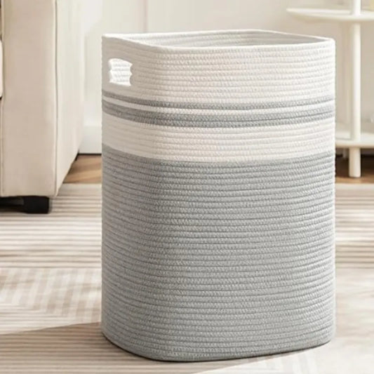 White & Grey Cotton Stripes Laundry Basket - 18 inch x 15 inch x 11 inch