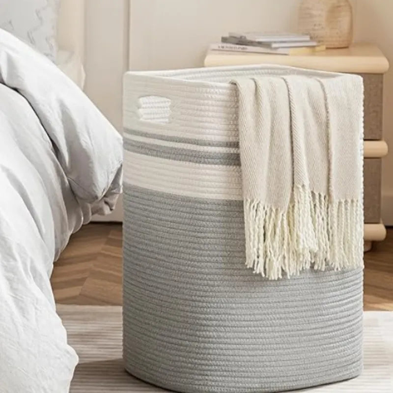 White & Grey Cotton Stripes Laundry Basket - 18 inch x 15 inch x 11 inch