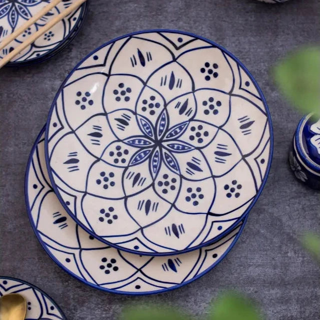 Moroccan Floral Hand Painted White & Blue Ceramic Plates - Two Sizes