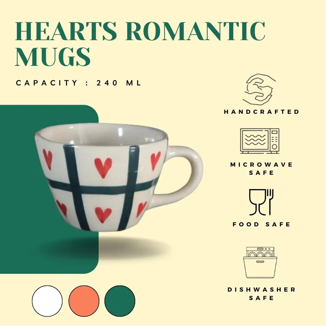 White, Black & Red Hearts Romantic Ceramic Mug - 240 ml