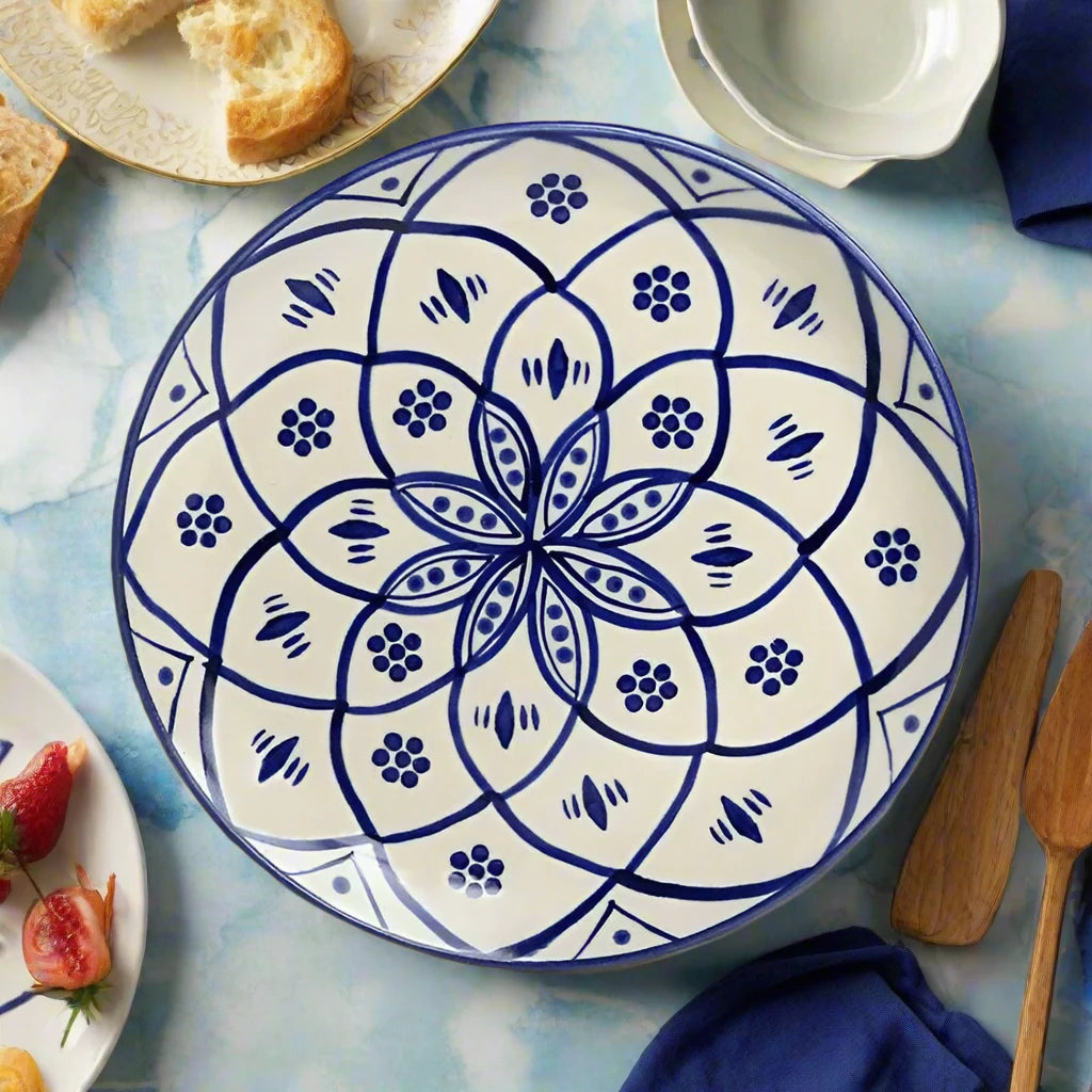 Moroccan Floral Hand Painted White & Blue Ceramic Plates - Two Sizes