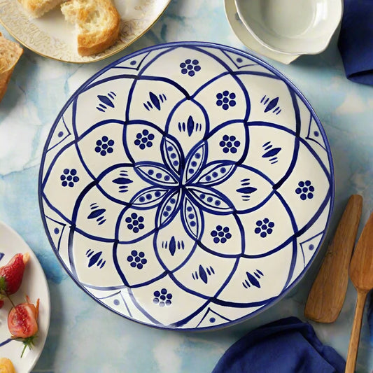 Moroccan Floral Hand Painted White & Blue Ceramic Plates - Two Sizes