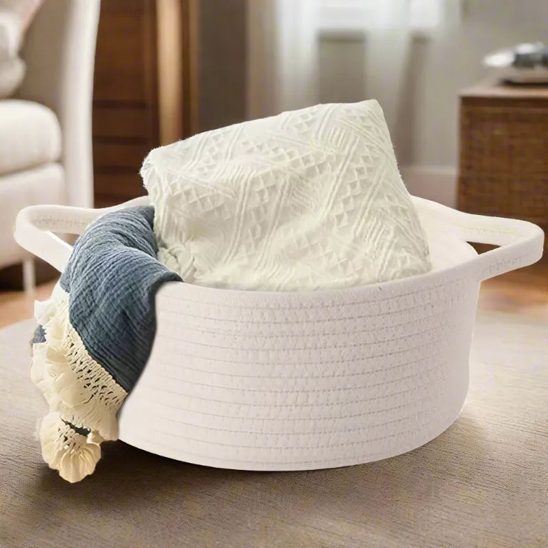 White Whisper Cotton Rope Baskets with Handles - Multiple Sizes