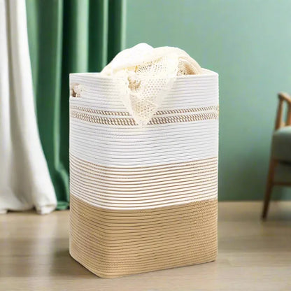 White & Beige Cotton Rope Basket - 18 inch x 15 inch x 11 inch