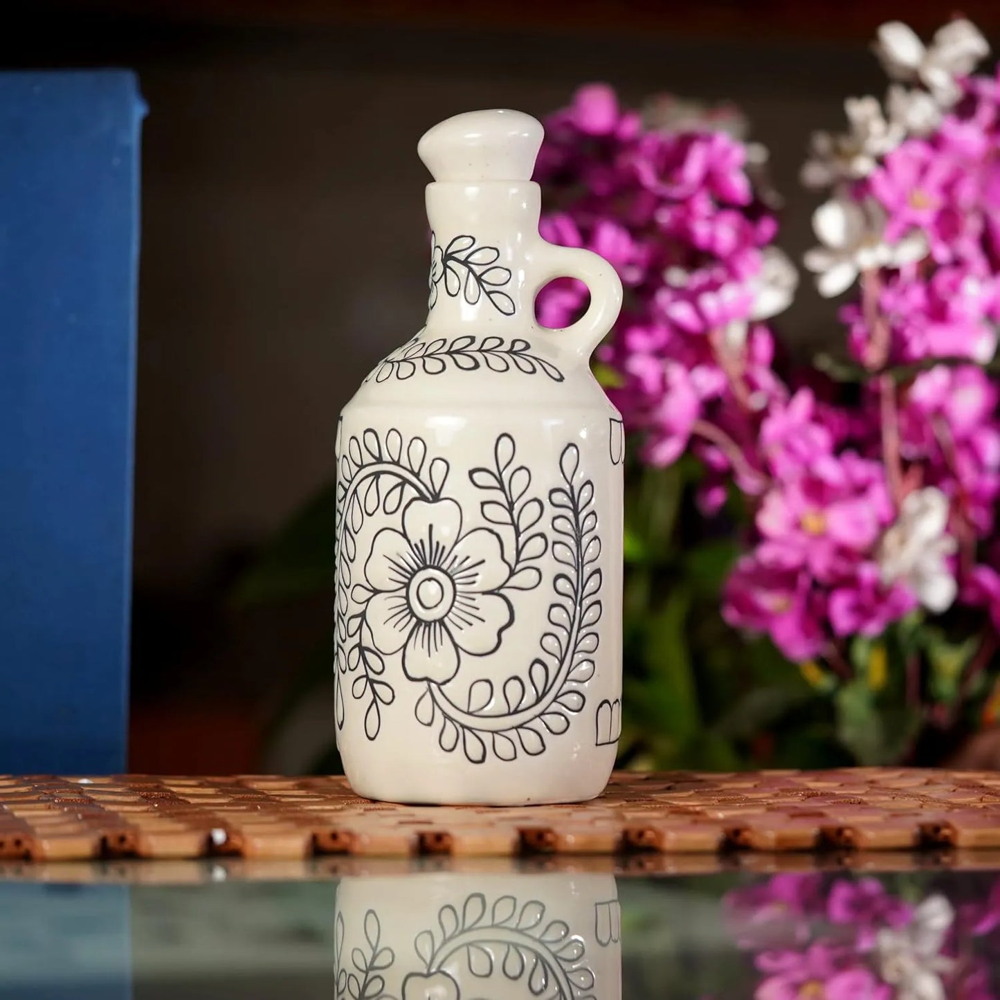 Ceramic Food & Microwave Safe Oil Dispenser with Black Floral Art - 1000 ml