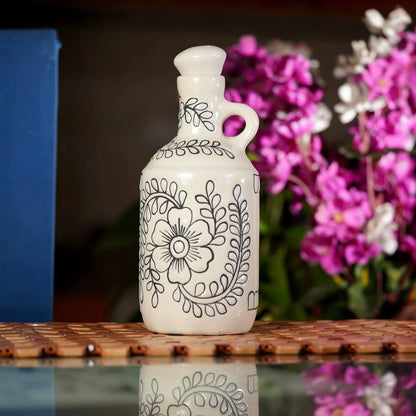Ceramic Food & Microwave Safe Oil Dispenser with Black Floral Art - 1000 ml