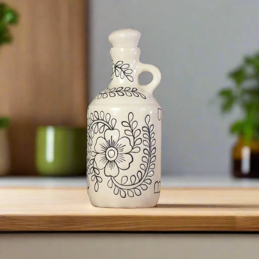 Ceramic Food & Microwave Safe Oil Dispenser with Black Floral Art - 1000 ml