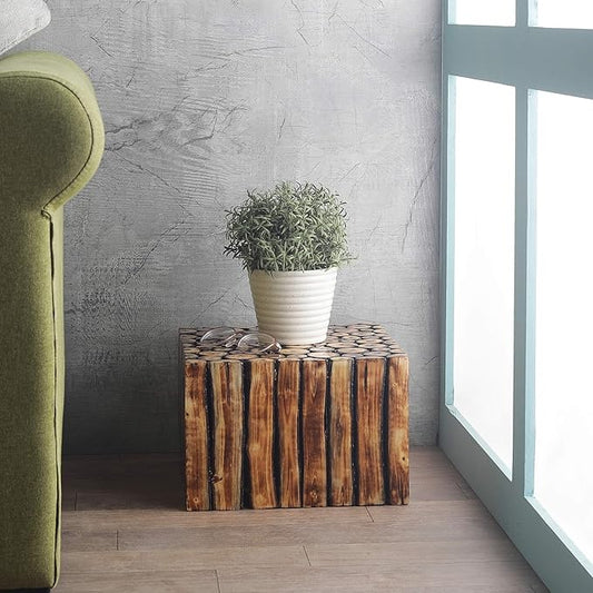 Solid Wood Cube Side Table & Pooja Chowki - 12 inch x 12 inch x 6 inch