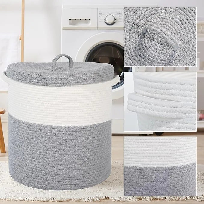 White & Grey Sturdy Cotton Basket with Lid - Small, Medium & Large