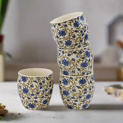 Hand-Painted Traditional Ceramic Indigo Bloom Kulhad Tea Set