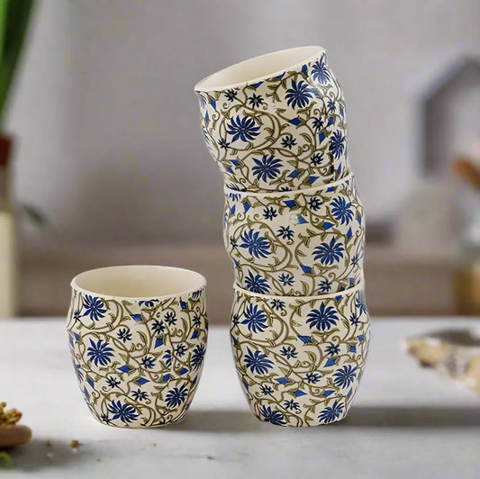 Hand-Painted Traditional Ceramic Indigo Bloom Kulhad Tea Set