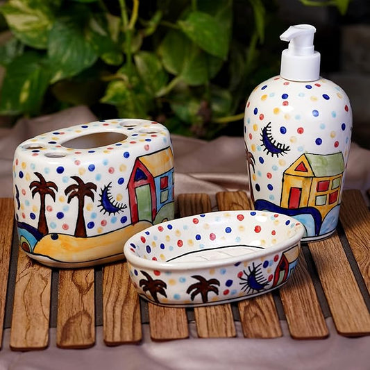 Hut Design Ceramic Bathroom Hand-Painted Accessory Set of 3