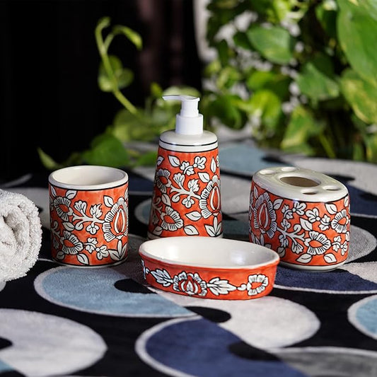 Designer Orange & White Mughal Hand-Painted Ceramic Bath Set of 4
