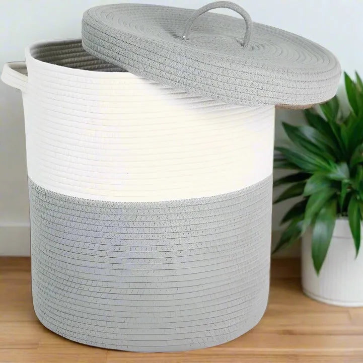 White & Grey Sturdy Cotton Basket with Lid - Small, Medium & Large