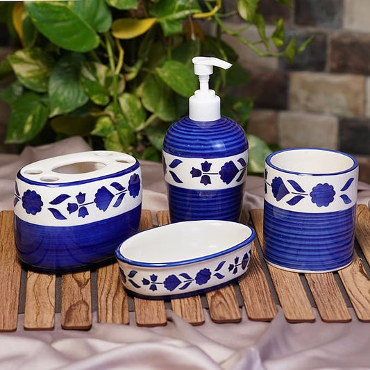 Blue Floral Art Ceramic Bathroom Accessories Set