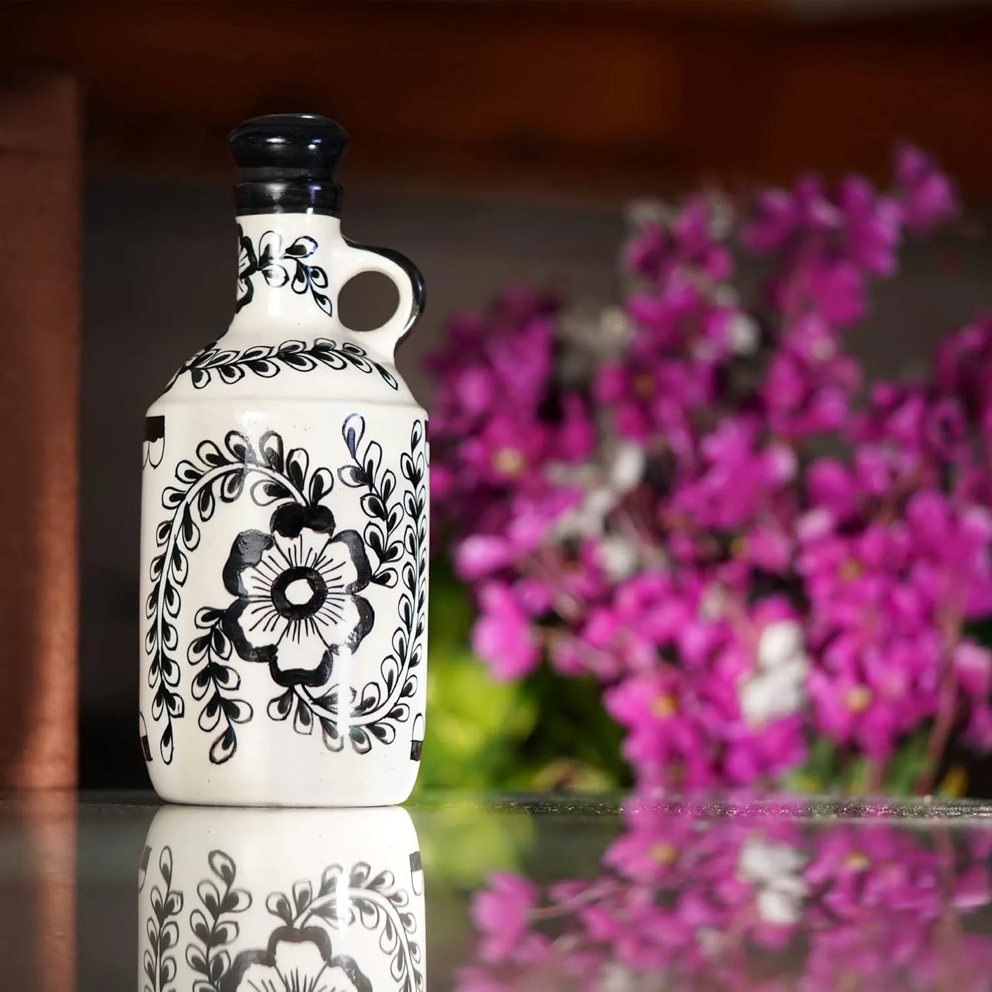 Ceramic Food & Microwave Safe Oil Dispenser with Black Flower Pattern - 1000 ml
