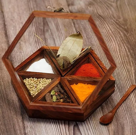 Hexagonal Sheesham Wood Masala Box - 6 Containers & Spoon