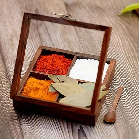 Handcrafted Artisanal Sheesham Wood Square Masala Box with Spoon