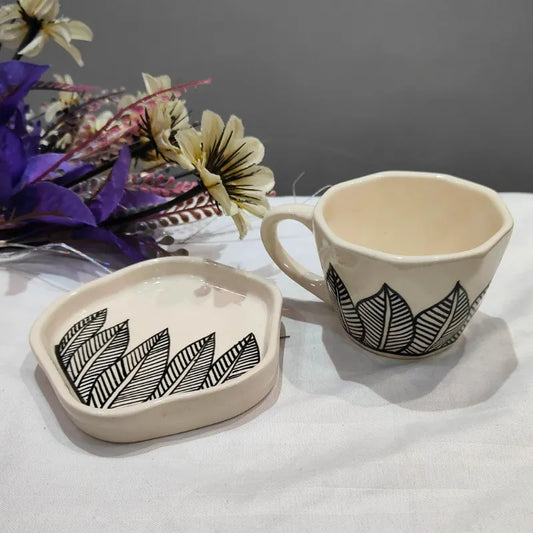 White & Black Leafy Ceramic Tea Cup & Saucer - 200 ml