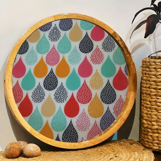 Multicolor Water Drops Pattern Wooden Serveware