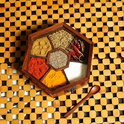 Elegant Sheesham Hexagonal Spice Box with Glass Lid & Spoon