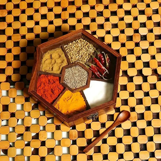 Elegant Sheesham Hexagonal Spice Box with Glass Lid & Spoon